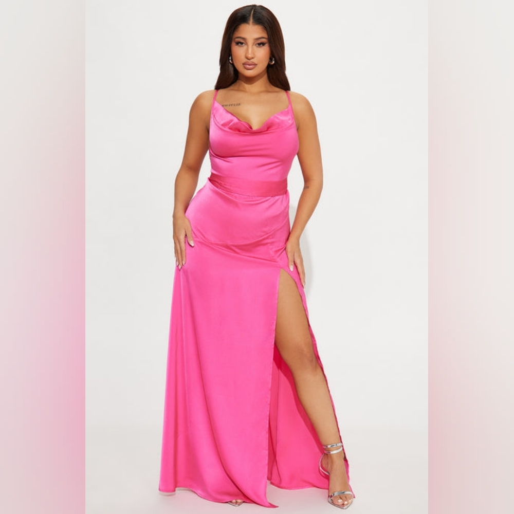 NWT Fashion‎ Nova Athena Satin Sleeveless Draped Neck Maxi Dress Fuchsia Size M